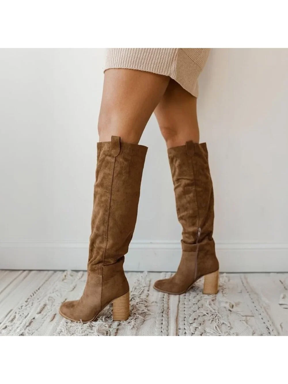 Women's Taupe High Heel Round Toe Faux Suede Side Zipper Slouch Knee High Boots